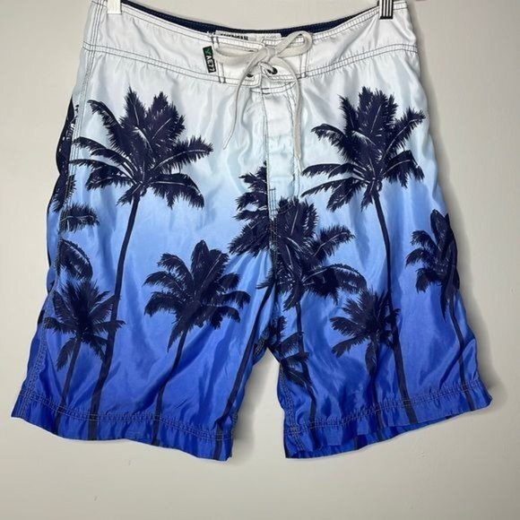 American Eagle Blue White Palm Tree Beach Print Ombre Swim Board Shorts Size 32 - Picture 3 of 11
